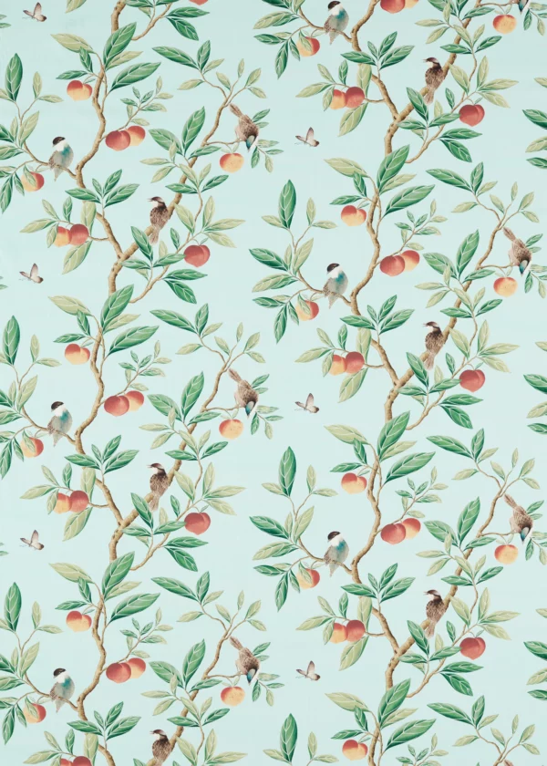 Ella Fabric - Sky / Fig Leaf / Nectarine by blue botanical cotton fabric from Harlequin x Diane Hill