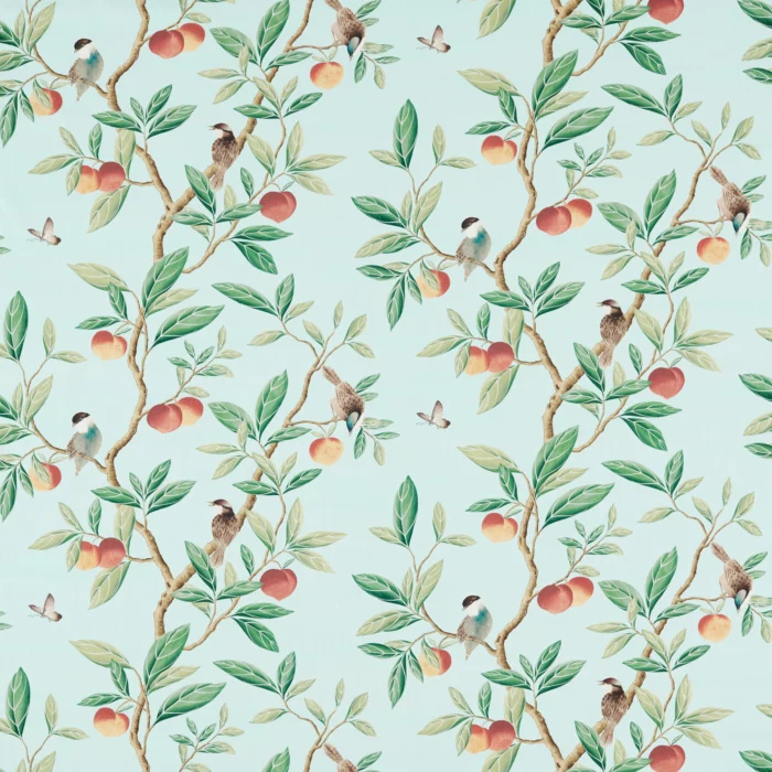 Ella Fabric - Sky / Fig Leaf / Nectarine swatch