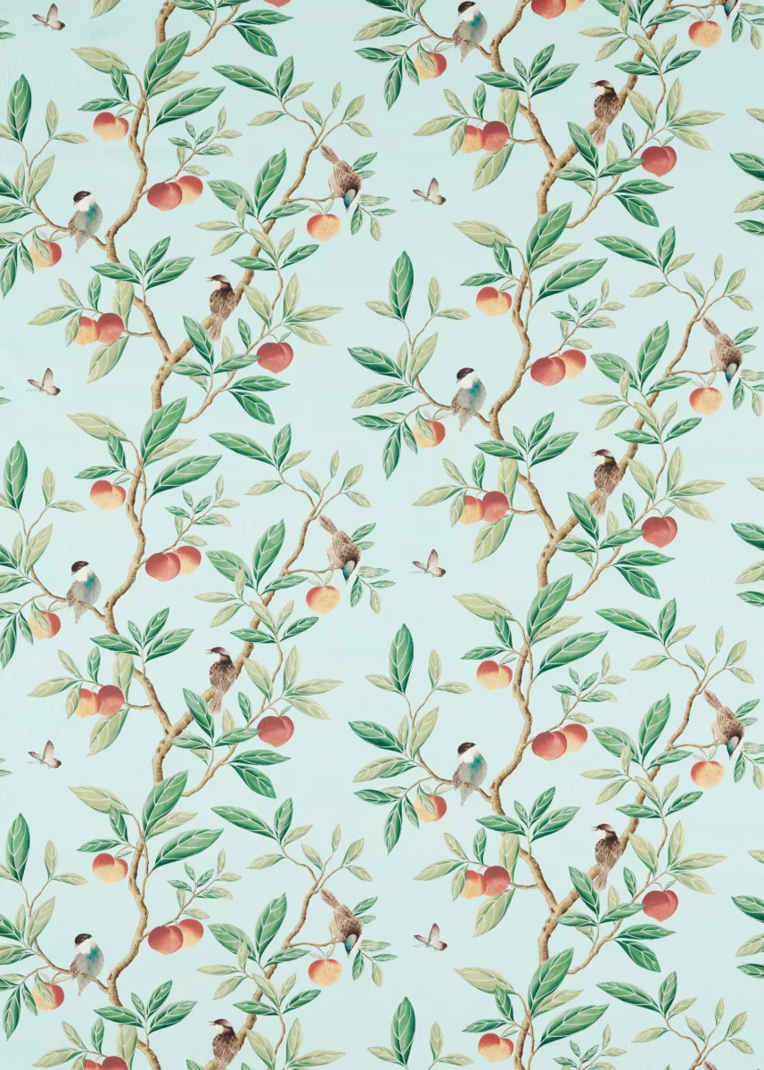 Ella Fabric - Sky / Fig Leaf / Nectarine by blue botanical cotton fabric from Harlequin x Diane Hill