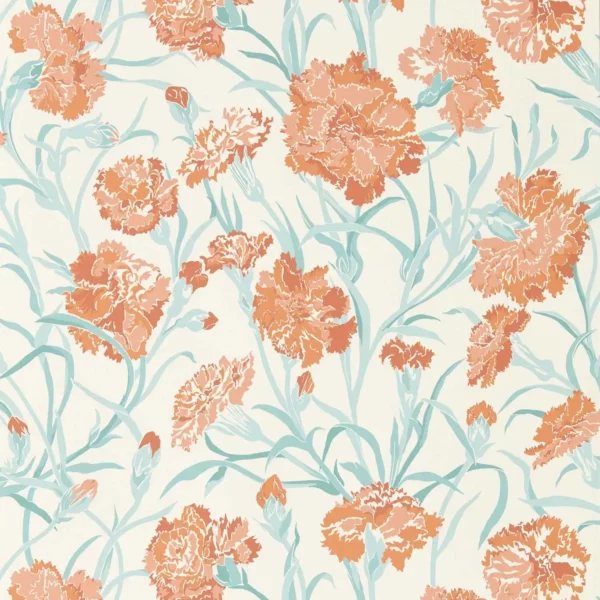 Fleur de Joie Wallcovering - Paprika / Aqua / Soft Focus by orange botanical wallpaper from harlequin
