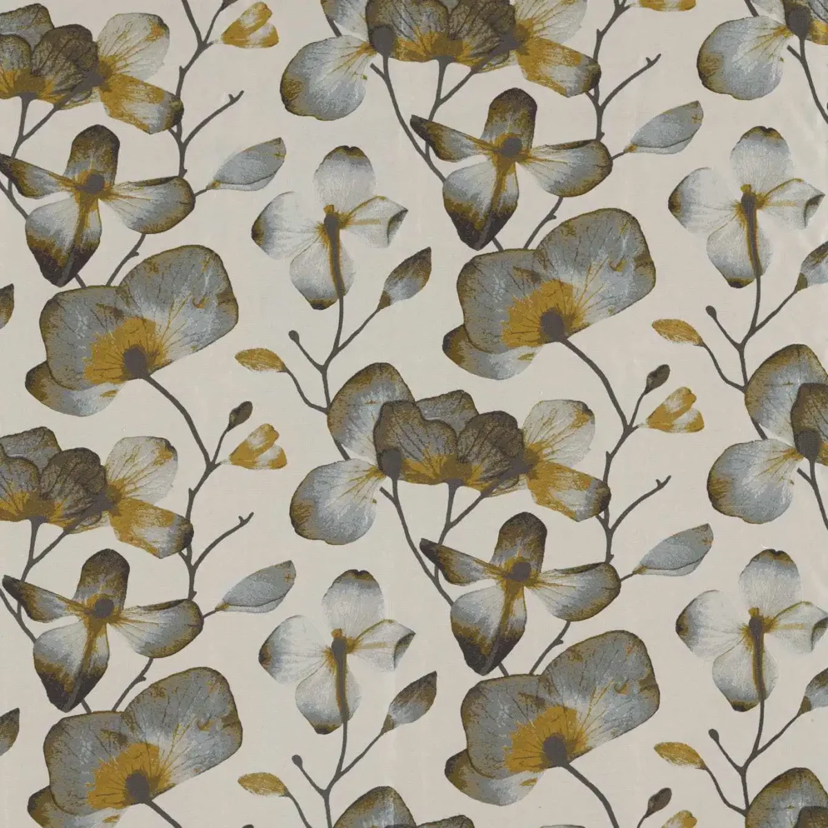 Kienze Fabric - Ochre / Steel by yellow botanical printed fabric from Harlequin