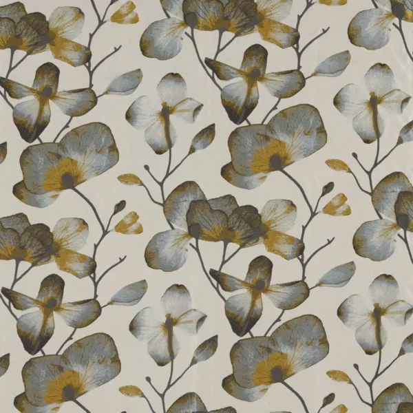 Kienze Fabric - Ochre / Steel by yellow botanical printed fabric from Harlequin