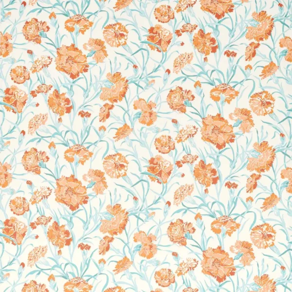 Fleur de Joie Fabric - Paprika / Aqua by orange botanical printed fabric from Harlequin