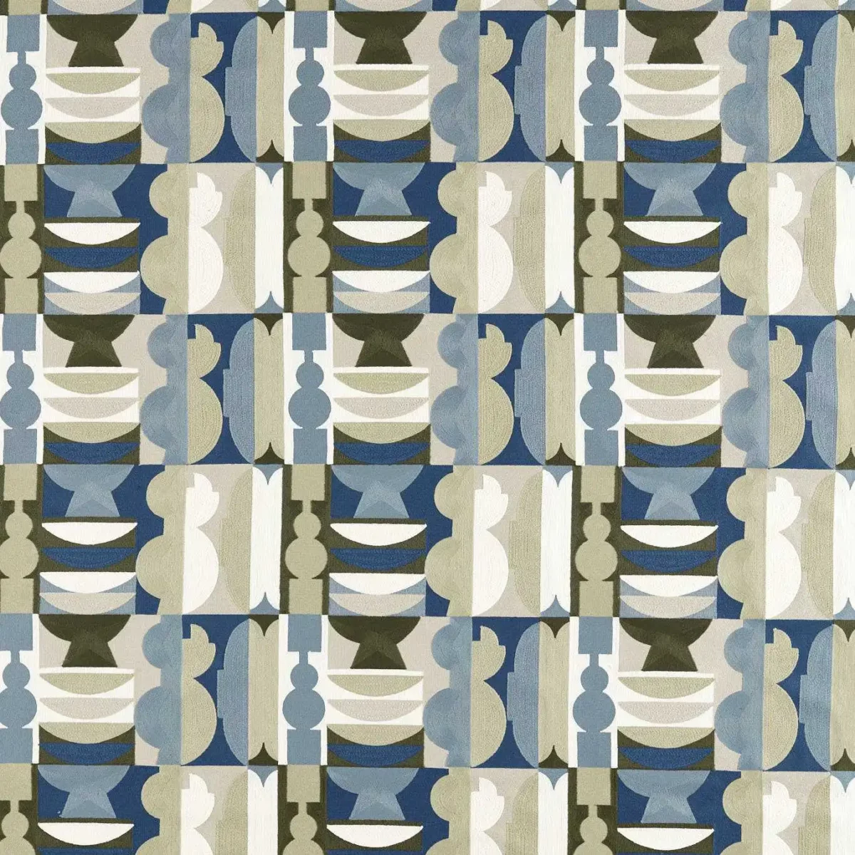blue geometric embroideried fabric from Harlequin