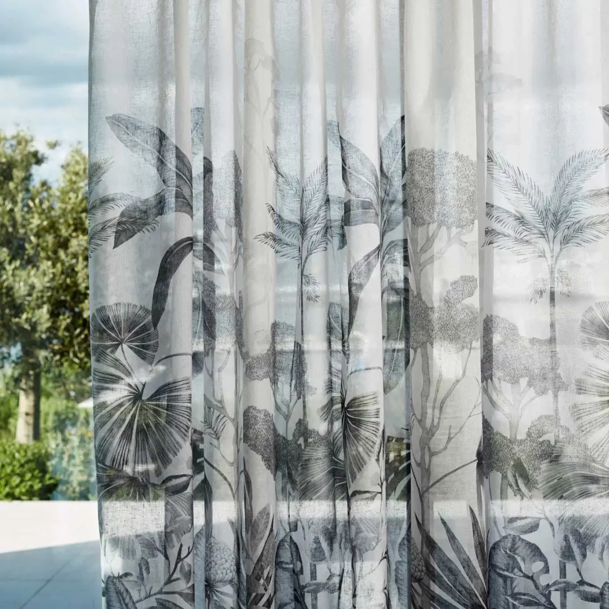 black-grey botanical voile-sheer fabric from Harlequin
