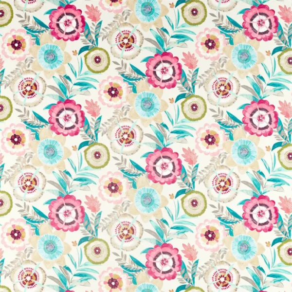 Komovi Fabric - Azalea / Fern / Lagoon by multicolour botanical cotton fabric from Harlequin