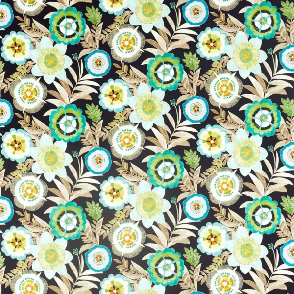 Komovi Fabric - Saffron / Lagoon / Citrus by multicolour botanical cotton fabric from Harlequin