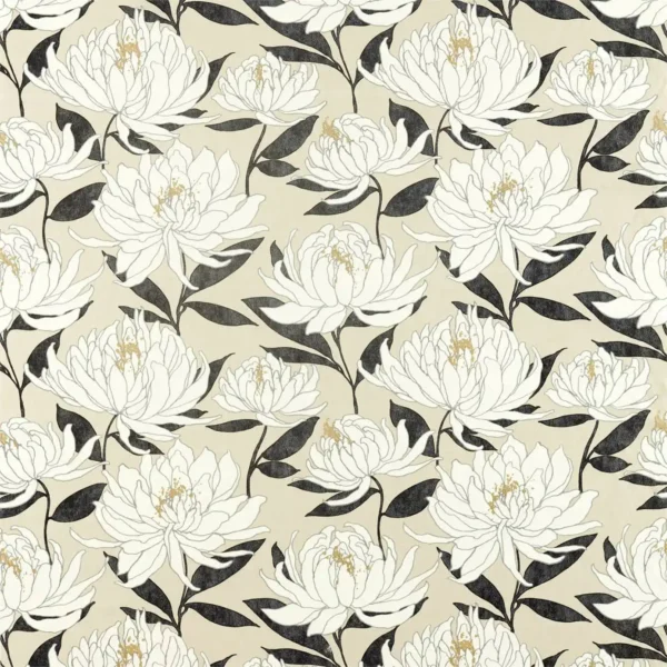 Sebal Fabric - Platinum / Ebony by black-grey botanical printed fabric from Harlequin