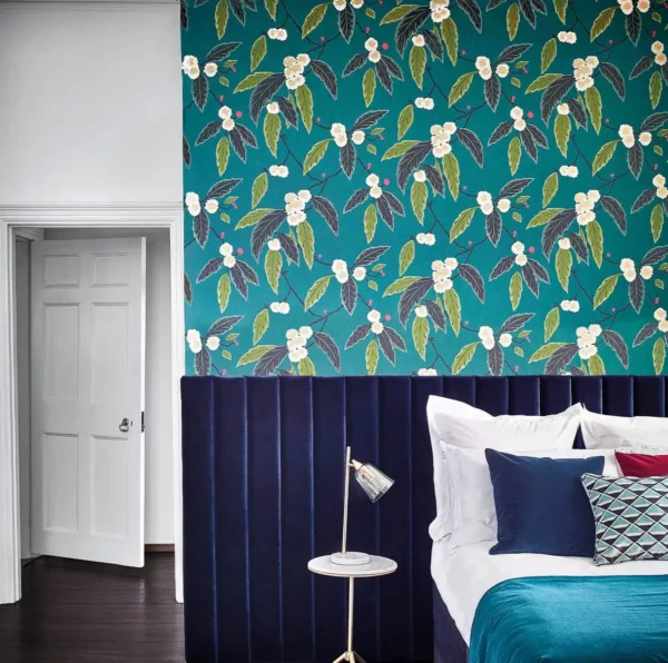 Coppice Wallpaper - Navy / Lagoon / Gold from