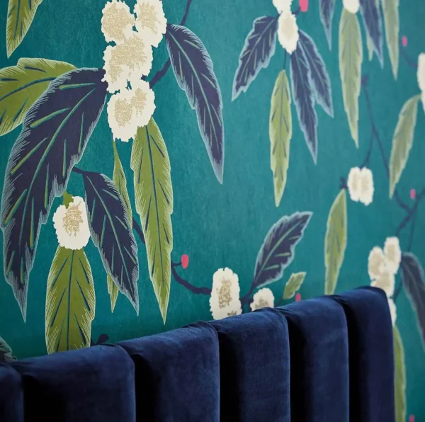 Coppice Wallpaper - Navy / Lagoon / Gold from