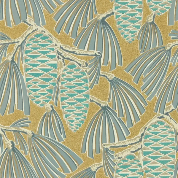 Foxley Wallpaper - Kingfisher / Gold by multicolour botanical wallpaper from harlequin