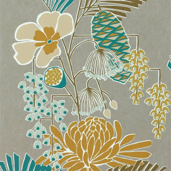 Salon Wallpaper - Platinum / Peacock / Seafoam by multicolour botanical wallpaper from harlequin