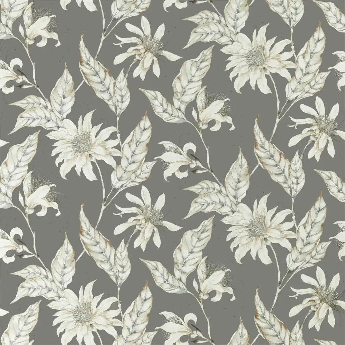 Ananda Fabric - Slate by black-grey botanical cotton fabric from Harlequin