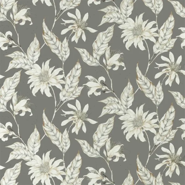Ananda Fabric - Slate by black-grey botanical cotton fabric from Harlequin