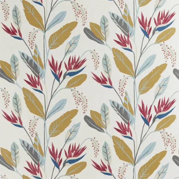Llenya Fabric - Cerise / Harbour / Saffron by multicolour botanical linen fabric from Harlequin