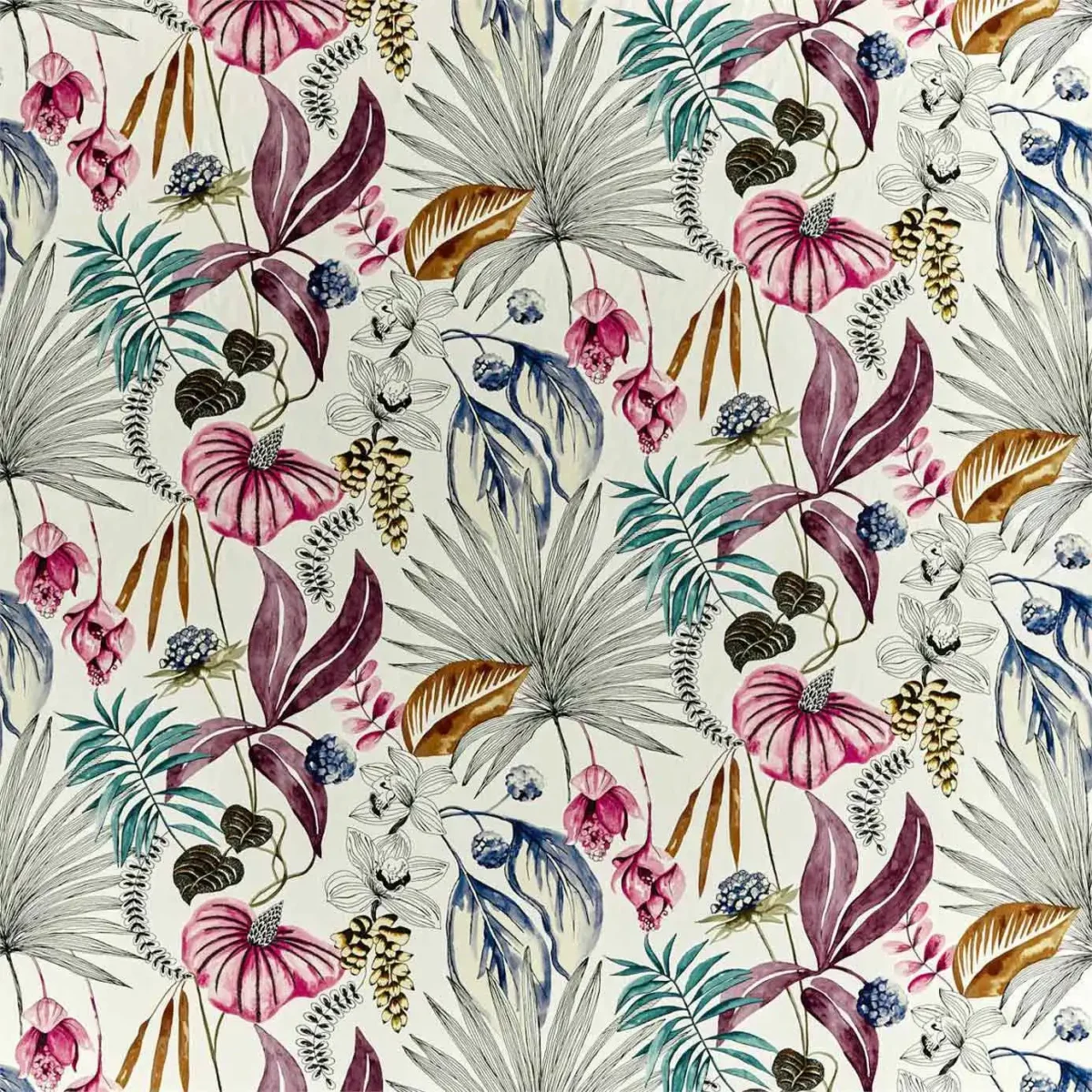 Habanera Fabric - Cerise / Honey / Marine by multicolour botanical linen fabric from Harlequin