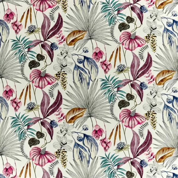 Habanera Fabric - Cerise / Honey / Marine by multicolour botanical linen fabric from Harlequin