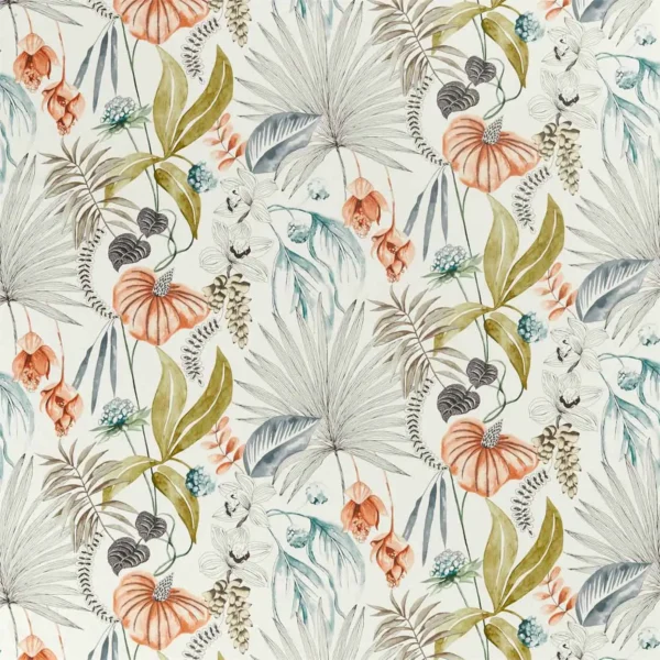 Habanera Fabric - Coral / Harbour / Lime by multicolour botanical linen fabric from Harlequin