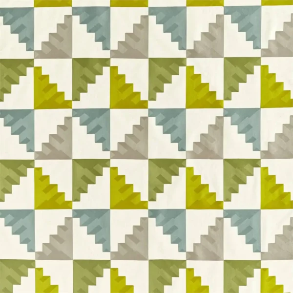 Mehari Fabric - Lime / Harbour / Stone by multicolour geometric embroideried fabric from Harlequin
