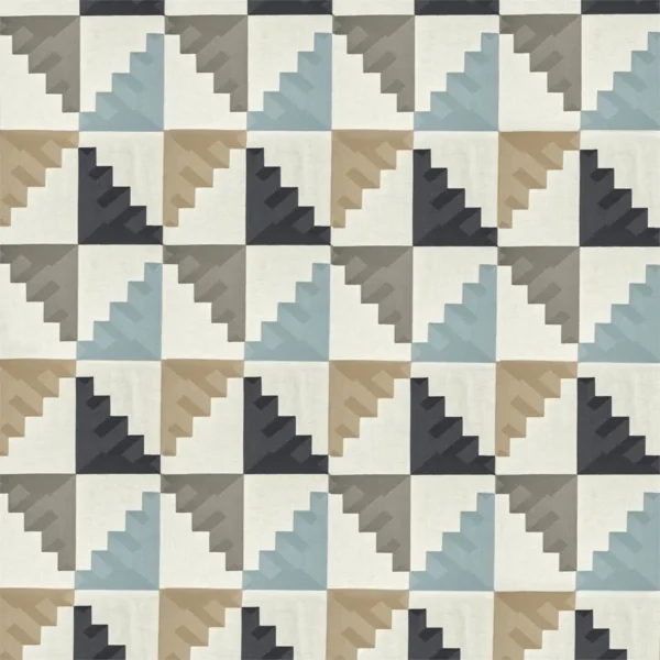 Mehari Fabric - Sky / Maize / Charcoal by black-grey geometric embroideried fabric from Harlequin