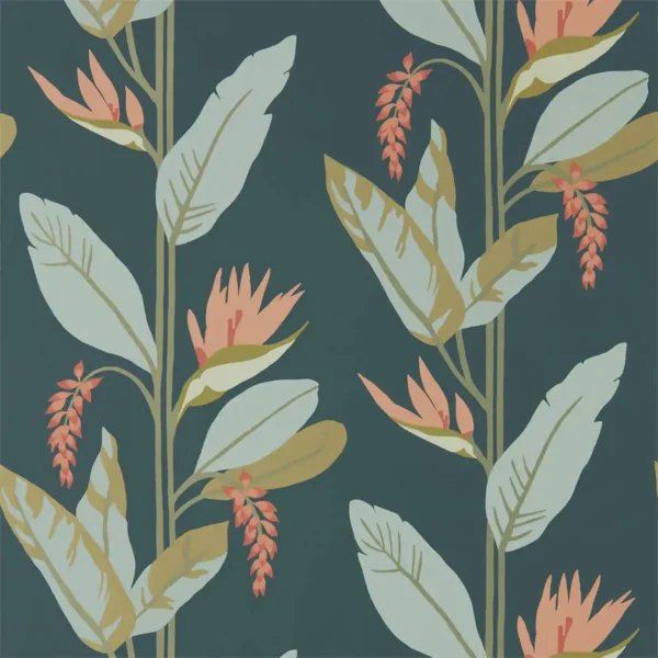 Llenya Wallpaper - Ink / Coral / Seaglass by multicolour botanical wallpaper from harlequin