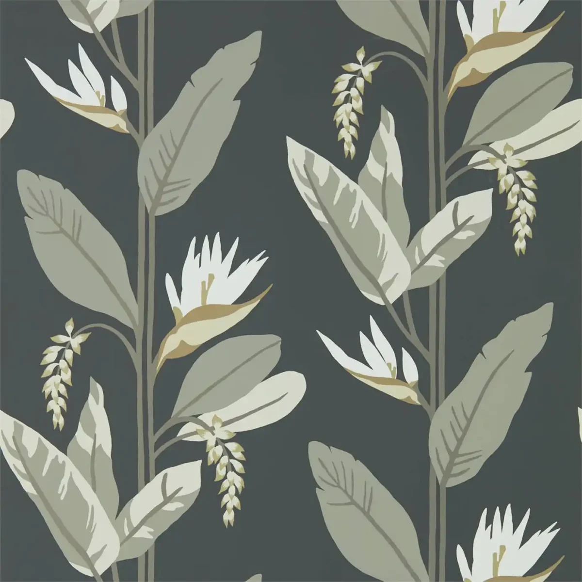 Llenya Wallpaper - Jet / Stone / Gold by black-grey botanical wallpaper from harlequin