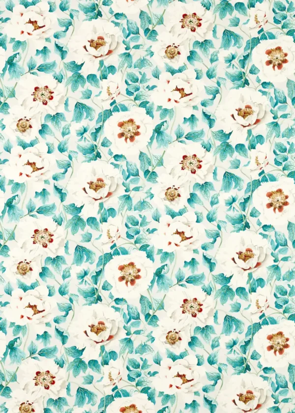 Florent Fabric - Hempseed / Lagoon / Rosehip by blue botanical printed fabric from Harlequin