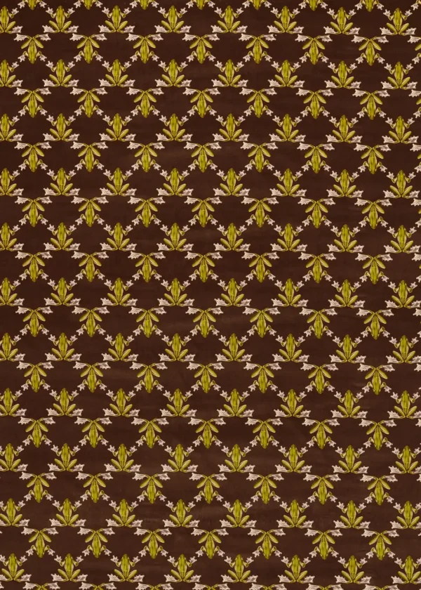 Wood Frog Velvet Fabric - Chocolate / Pistachio by brown animal velvet-chenille fabric from Harlequin