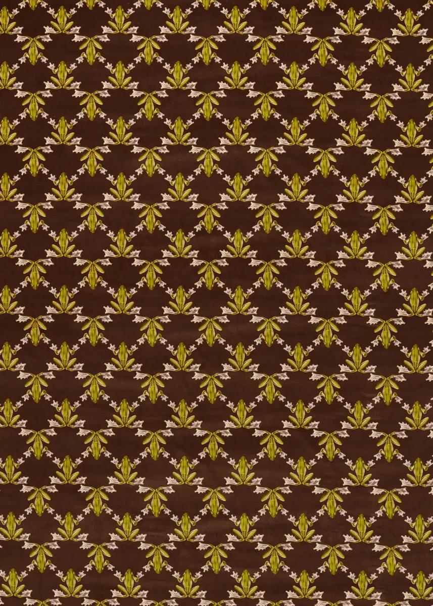 Wood Frog Velvet Fabric - Chocolate / Pistachio by brown animal velvet-chenille fabric from Harlequin