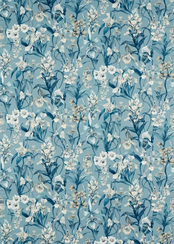 Kalina Fabric - Celestial / Murmuration / Awakening by blue botanical cotton fabric from Harlequin