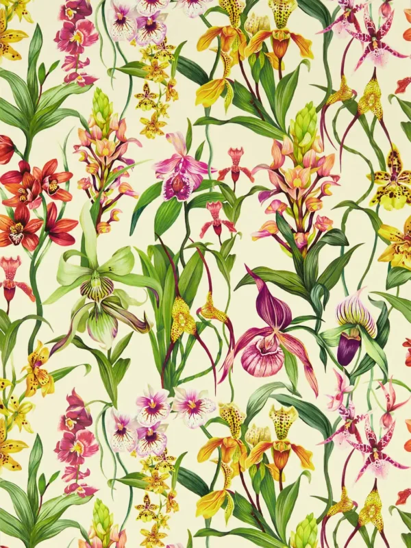 Kalina Wallpaper - Parchment / Forest / Azalea by multicolour botanical wallpaper from harlequin
