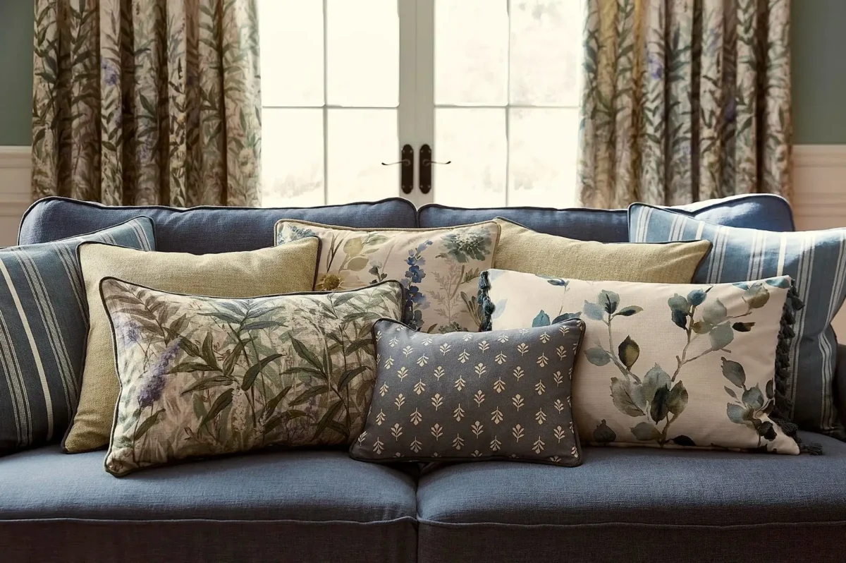 blue striped cushion with sofa and curtain