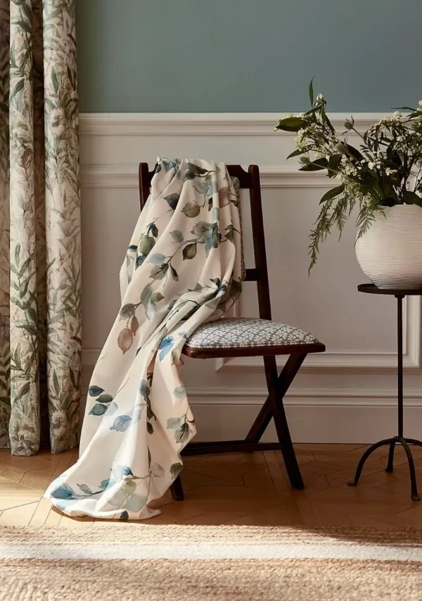 Reverie Fabric - Cornflower by green misc chair with curtain