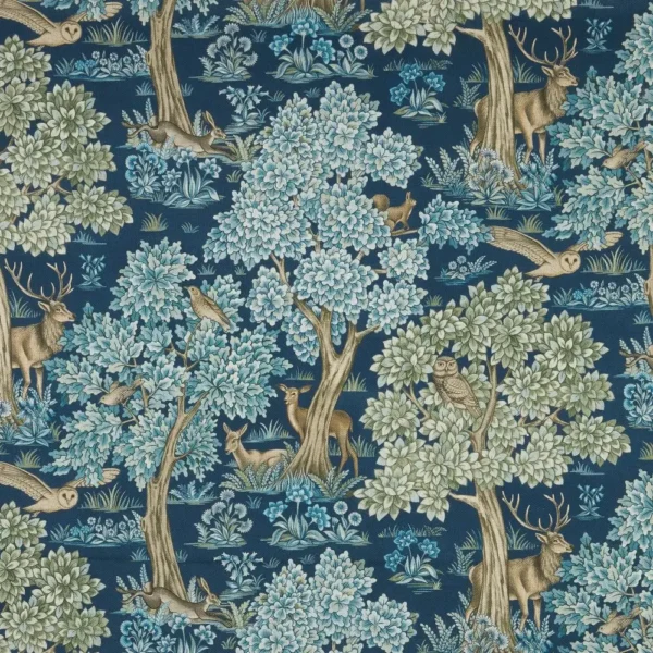 Woodland Retreat Fabric - Sapphire by blue botanical printed fabric from iLiv