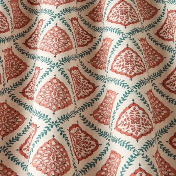 Napoli Fabric - Lava by red checked cushion with pouf and curtain