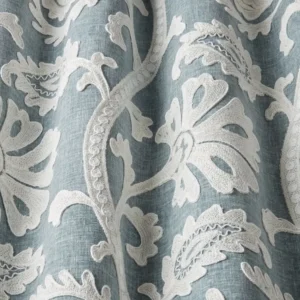 blue botanical fabric with weave