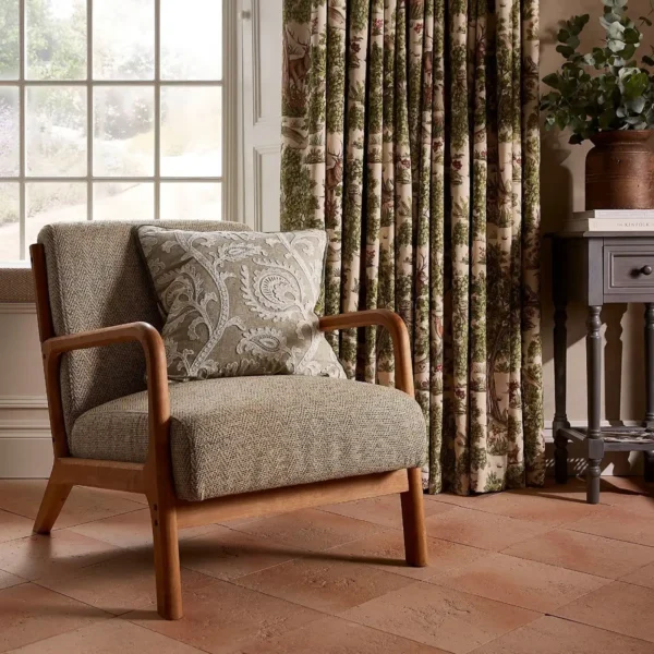 Seraph Fabric - Linen by green botanical cushion with curtain and window