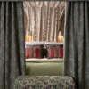 purple botanical curtain with bed and pouf