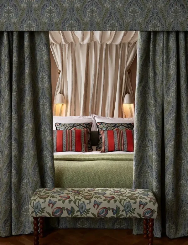 Verini Fabric - Glacier by purple botanical curtain with bed and pouf