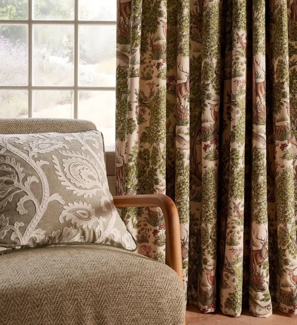 Woodland Retreat Fabric - Bordeaux by blue botanical curtain with armchair and cushion