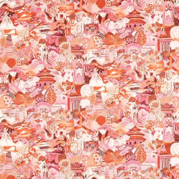Journey of Discovery Fabric - Paprika / Fuschia / Fig Blossom by orange traditional cotton fabric from Harlequin