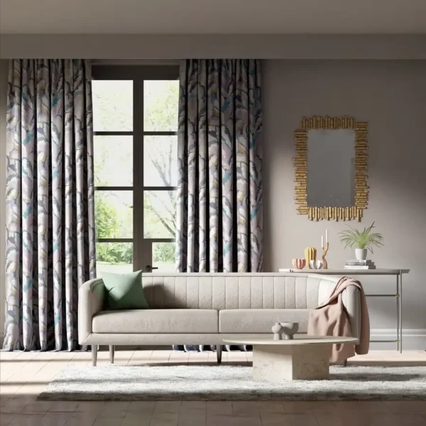 calathea fabric curtains with beige sofa