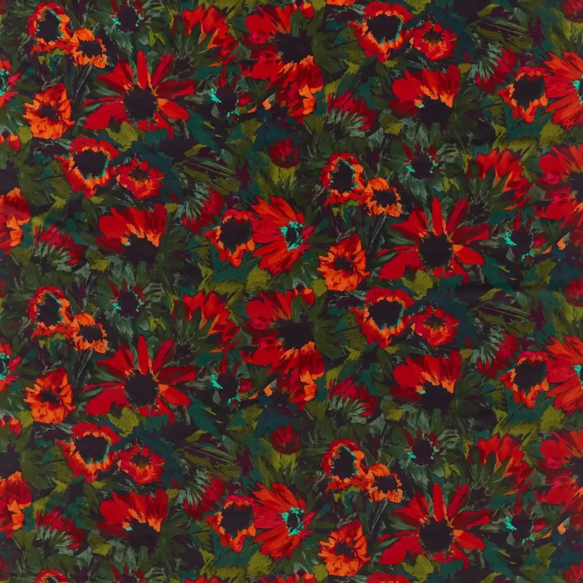 Helianthus Fabric - Vermillion / Harissa / Fig Leaf by green botanical cotton fabric from Harlequin