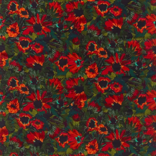Helianthus Fabric - Vermillion / Harissa / Fig Leaf by green botanical cotton fabric from Harlequin