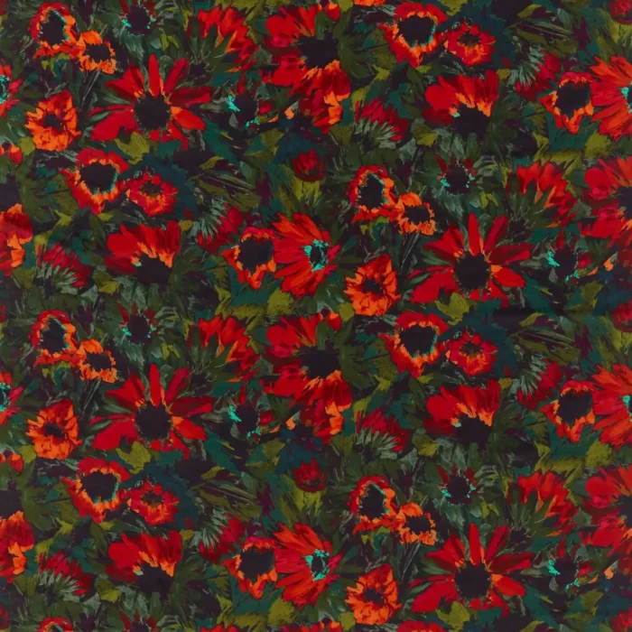 Helianthus Fabric - Vermillion / Harissa / Fig Leaf swatch