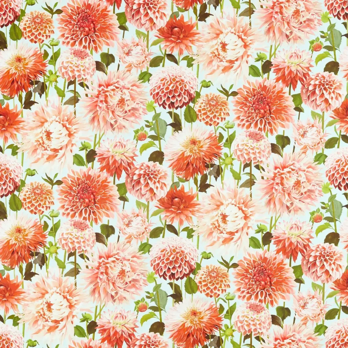 Dahlia Fabric - Coral / Fig Leaf / Sky by red botanical cotton fabric from Harlequin