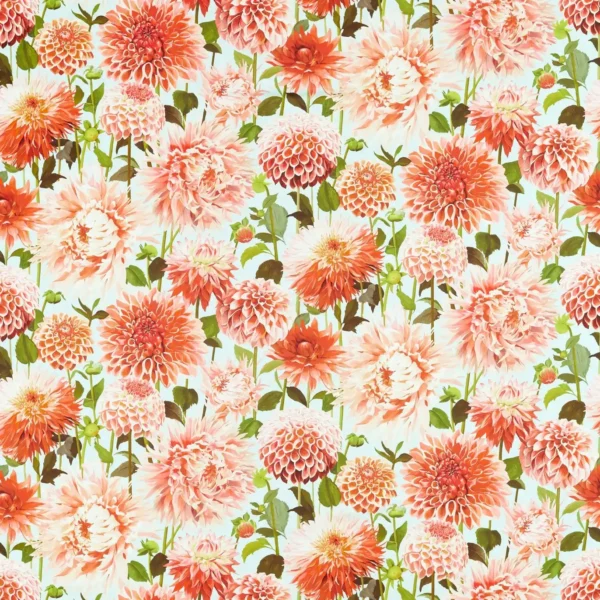 Dahlia Fabric - Coral / Fig Leaf / Sky by red botanical cotton fabric from Harlequin