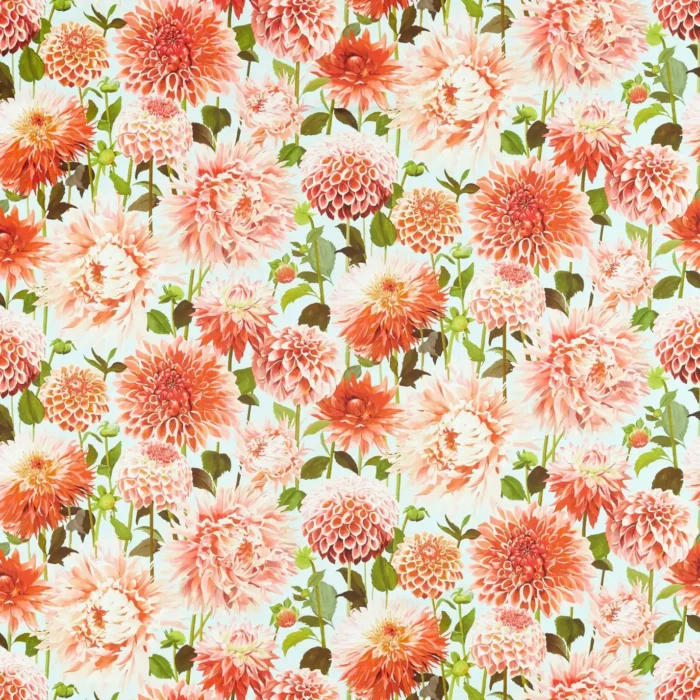 Dahlia Fabric - Coral / Fig Leaf / Sky swatch