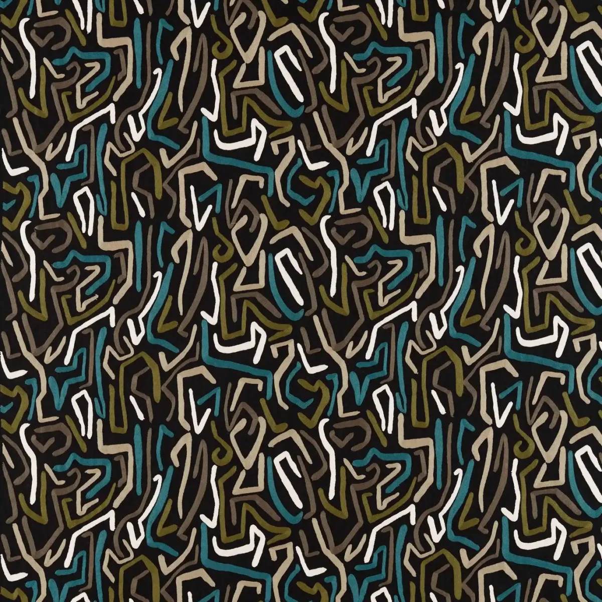 Synchronic Fabric - Black Earth / Bleached Coral / Moss by black-grey misc embroideried fabric from Harlequin