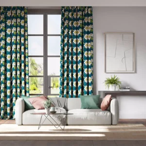 blue curtains with white flower curtains
